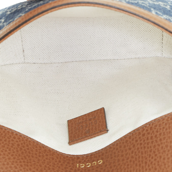Gucci 1955 Horsebit mini shoulder bag in monogram denim canvas and brown leather - Detail D3