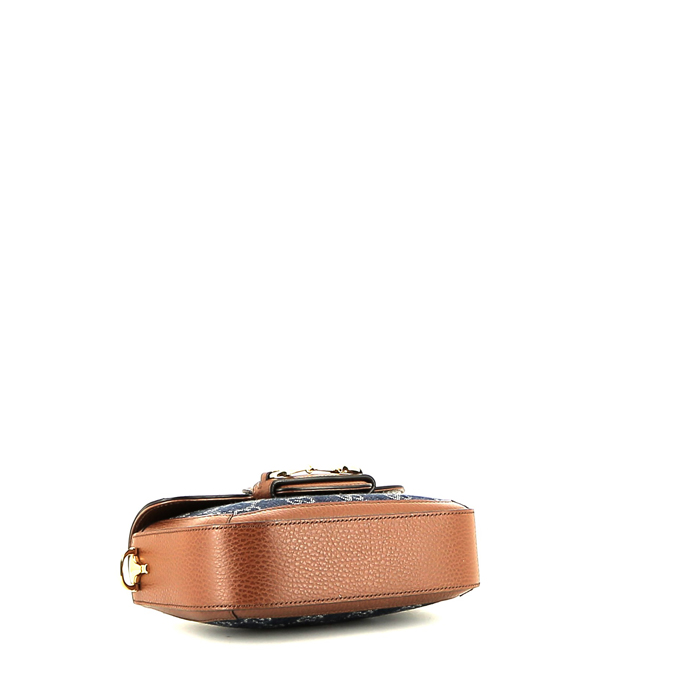 Gucci 1955 Horsebit mini shoulder bag in monogram denim canvas and brown leather - Detail D5