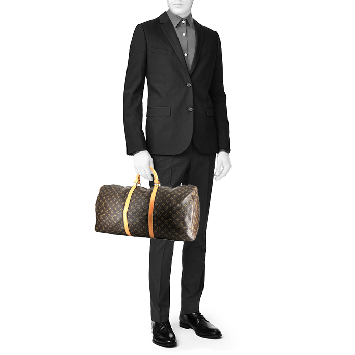 Bolsa de viaje Louis Vuitton  Keepall 60 en lona Monogram marrón y cuero natural - Detail D1