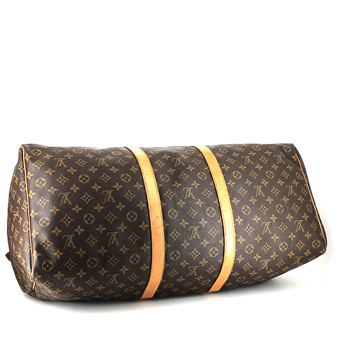 Borsa da viaggio Louis Vuitton  Keepall 60 in tela monogram marrone e pelle naturale - Detail D4