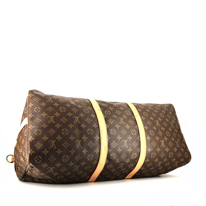 Borsa da viaggio Louis Vuitton  Keepall 60 in tela monogram marrone e pelle naturale - Detail D5