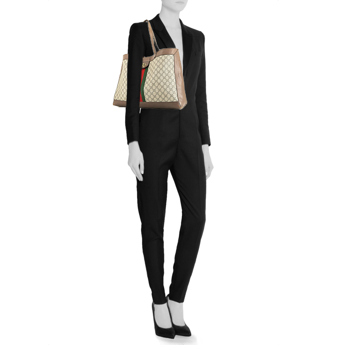 Sac cabas Gucci  Ophidia en toile sûpreme GG beige et cuir grainé beige - Detail D1