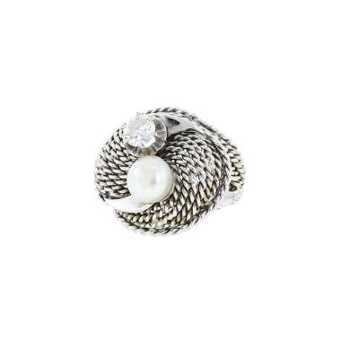 Bague années 80 Vintage en or blanc, diamant et perle de culture