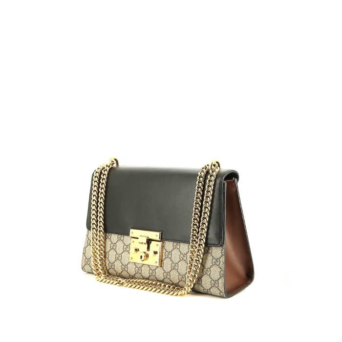 Gucci  Padlock shoulder bag  in brown and black leather  and beige monogram canvas - 00pp