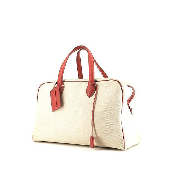 Hermès  Victoria - Travel Bag travel bag  in red leather  and beige canvas - 00pp