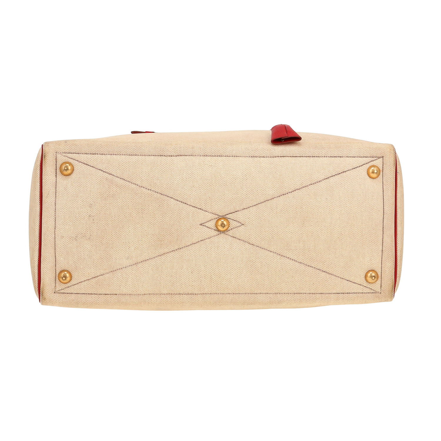 Borsa da viaggio Hermès  Victoria - Travel Bag in pelle rossa e tela beige - Detail D1