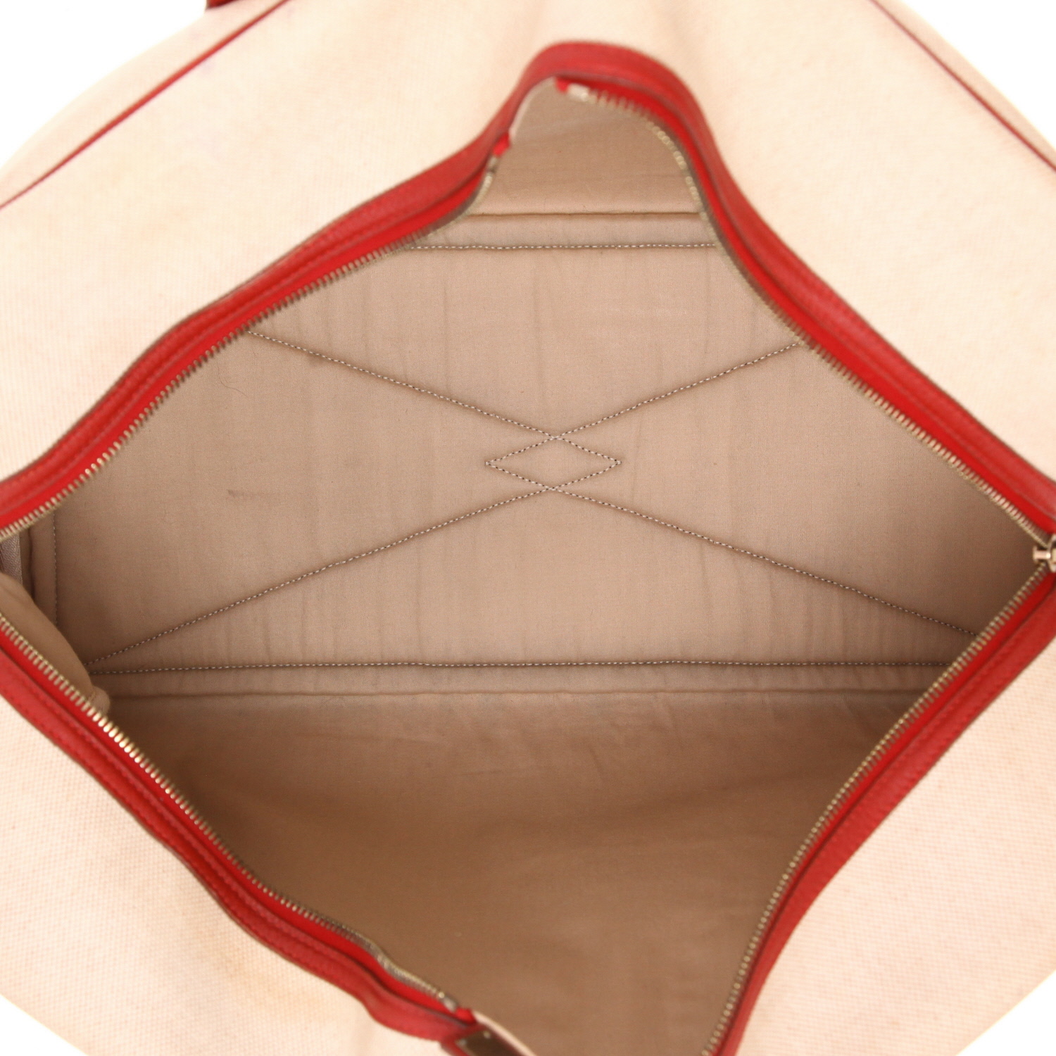 Sac de voyage Hermès  Victoria - Travel Bag en cuir rouge et toile beige - Detail D3