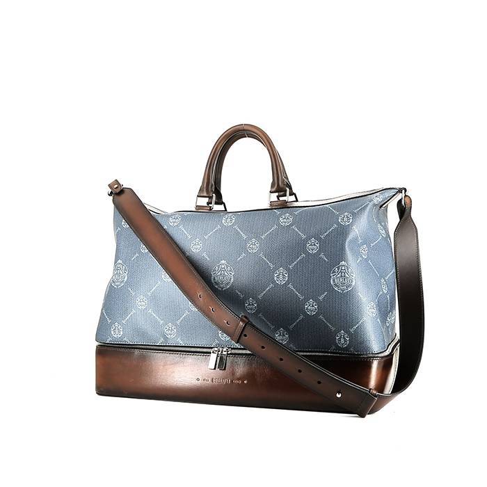 Berluti   travel bag  in grey blue logo canvas  and brown leather - 00pp