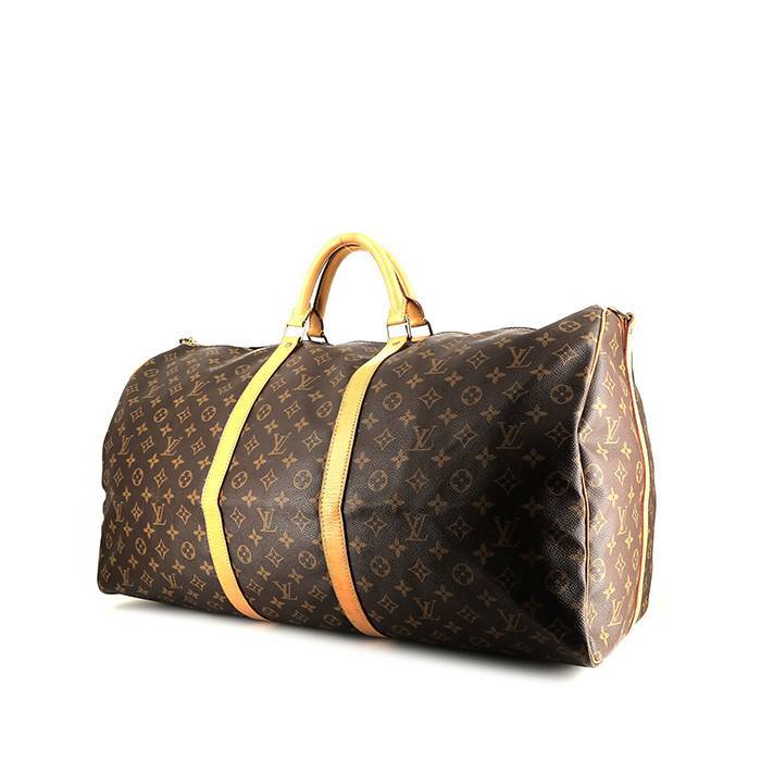 Borsa da viaggio Louis Vuitton  Keepall 60 in tela monogram marrone e pelle naturale - 00pp