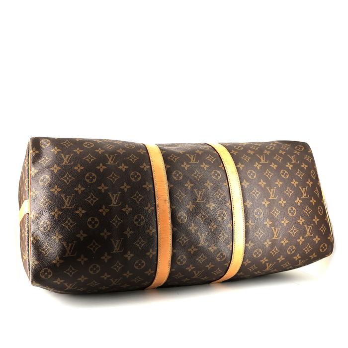 Sac de voyage Louis Vuitton  Keepall 60 en toile monogram marron et cuir naturel - Detail D4