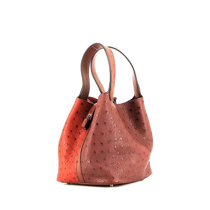 Bolso de mano Hermès  Picotin modelo mediano  en avestruz tricolor naranja morado y color oro