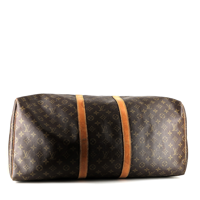 Sac de voyage Louis Vuitton  Keepall 55 en toile monogram marron et cuir naturel - Detail D4