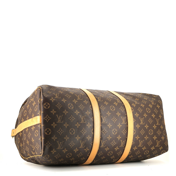 Bolsa de viaje Louis Vuitton  Keepall 50 en lona Monogram marrón y cuero natural - Detail D5