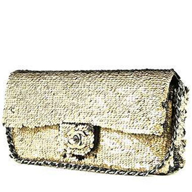 Borsa a tracolla Chanel  Baguette in paillettes nere e dorate