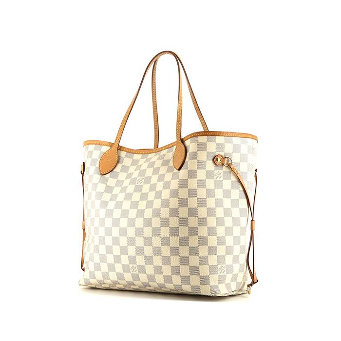 Shopping bag Louis Vuitton  Neverfull in tela a scacchi azzurro e pelle naturale - 00pp