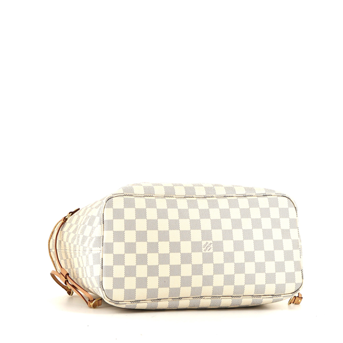 Shopping bag Louis Vuitton  Neverfull in tela a scacchi azzurro e pelle naturale - Detail D4