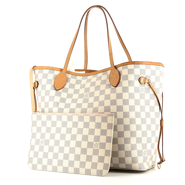 Shopping bag Louis Vuitton  Neverfull in tela a scacchi azzurro e pelle naturale - Detail D5