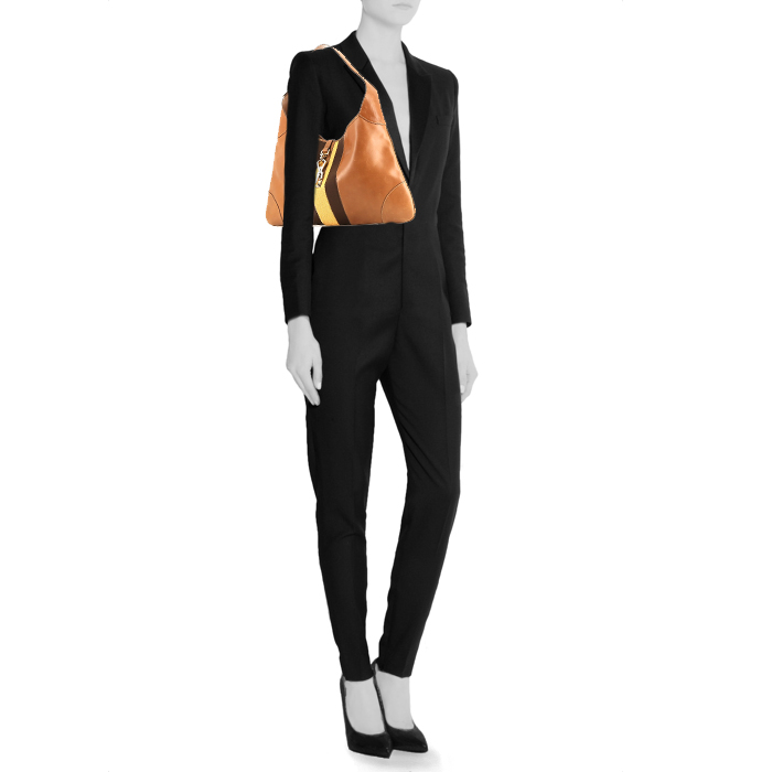 Gucci  Jackie handbag  in brown leather  and bicolor canvas - Detail D1