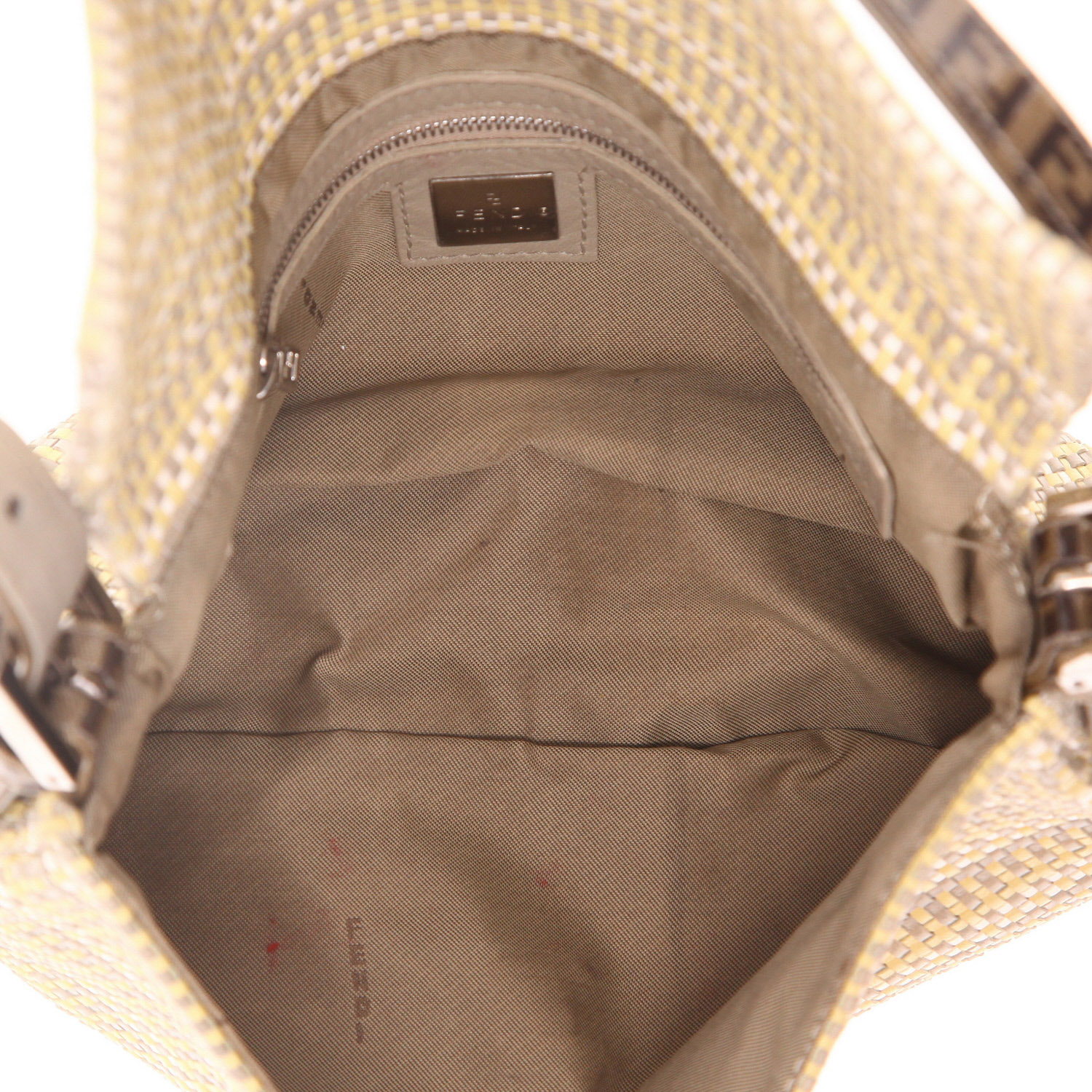 Fendi  Baguette handbag  in beige, taupe and white braided leather  and brown monogram canvas - Detail D3