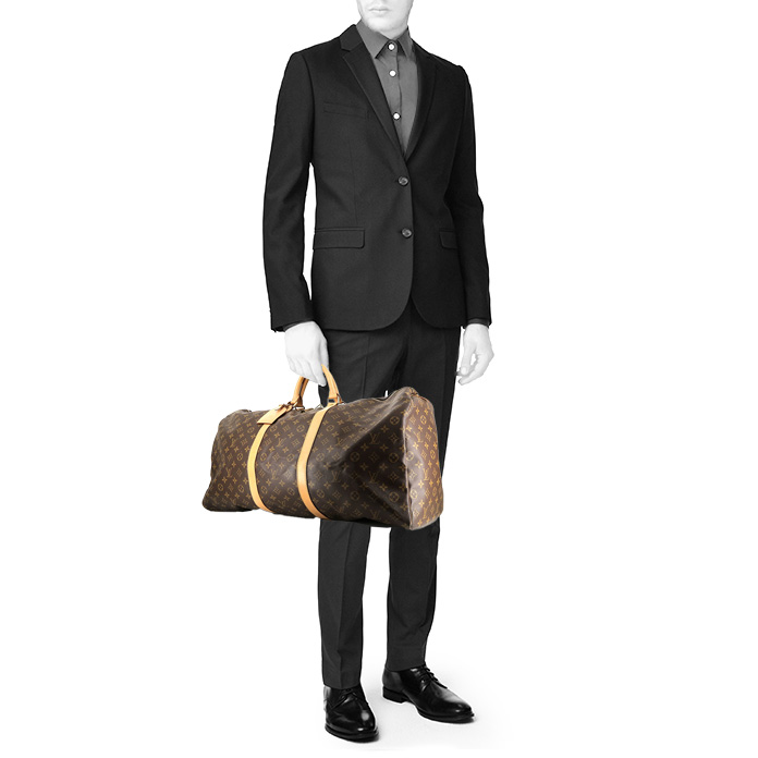 Sac de voyage Louis Vuitton  Keepall 60 en toile monogram marron et cuir naturel - Detail D1