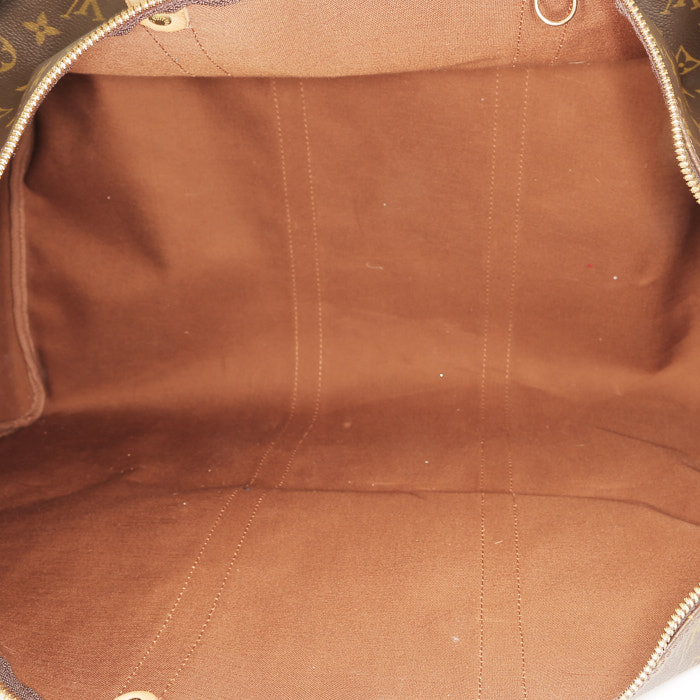 Sac de voyage Louis Vuitton  Keepall 60 en toile monogram marron et cuir naturel - Detail D2