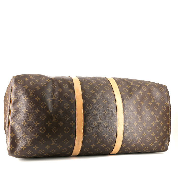 Borsa da viaggio Louis Vuitton  Keepall 60 in tela monogram marrone e pelle naturale - Detail D4