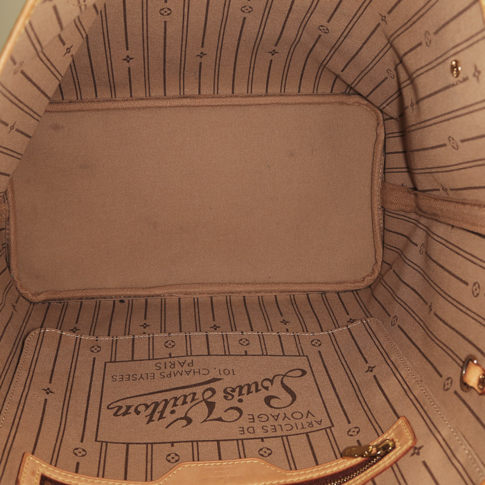 Sac cabas Louis Vuitton  Neverfull moyen modèle  en toile monogram marron et cuir naturel - Detail D2