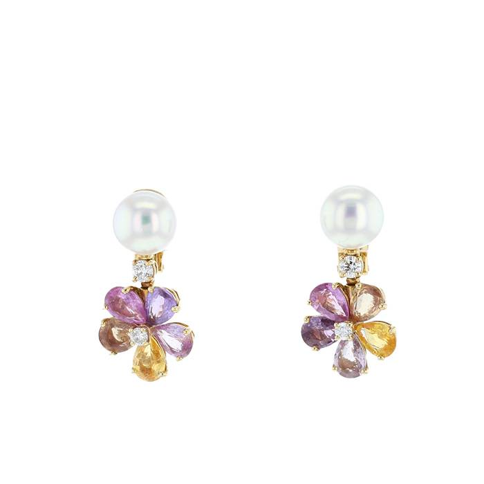 Bulgari Flora earrings in yellow gold, sapphires, pearls and diamonds - 00pp