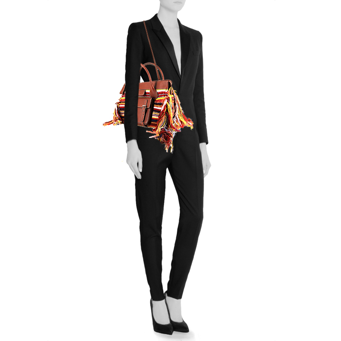 Chloé  Edith shopping bag  in brown leather  and striped woollen fabric - Detail D2