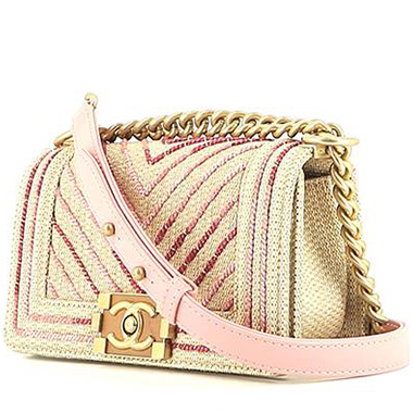 Sac bandoulière Chanel  Boy en osier tressé beige et rose