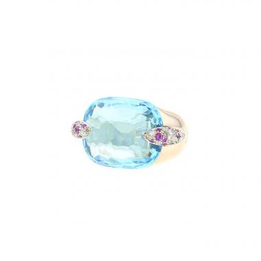 Pomellato Pin Up ring in pink gold, blue topaz, diamonds and pink sapphires