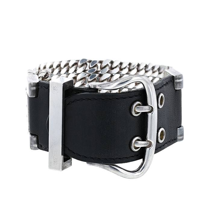 Hermès Boucle Sellier cuff bracelet in silver and leather - 00pp