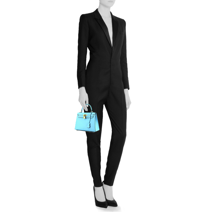 Bolso de mano Hermès Kelly 25 cm en cuero epsom azul Celeste - Detail D1