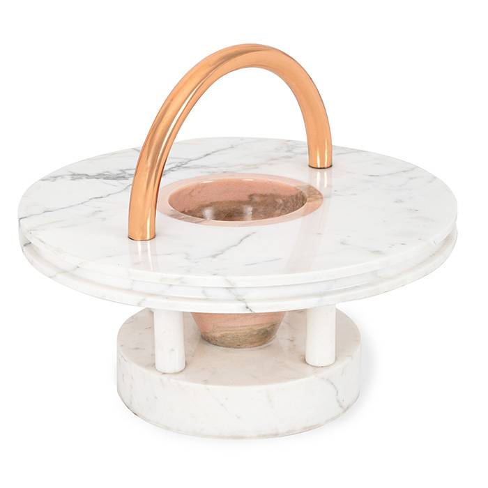 Ettore Sottsass, “Gaya” sculpture or centerpiece, in Carrara marble, pink marble and handle in copper, Up&Up Editions, from the 1980’s - 00pp