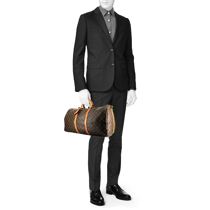 Sac de voyage Louis Vuitton Keepall 55 en toile monogram marron et cuir naturel - Detail D1