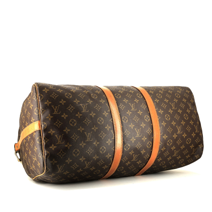 Sac de voyage Louis Vuitton Keepall 55 en toile monogram marron et cuir naturel - Detail D5