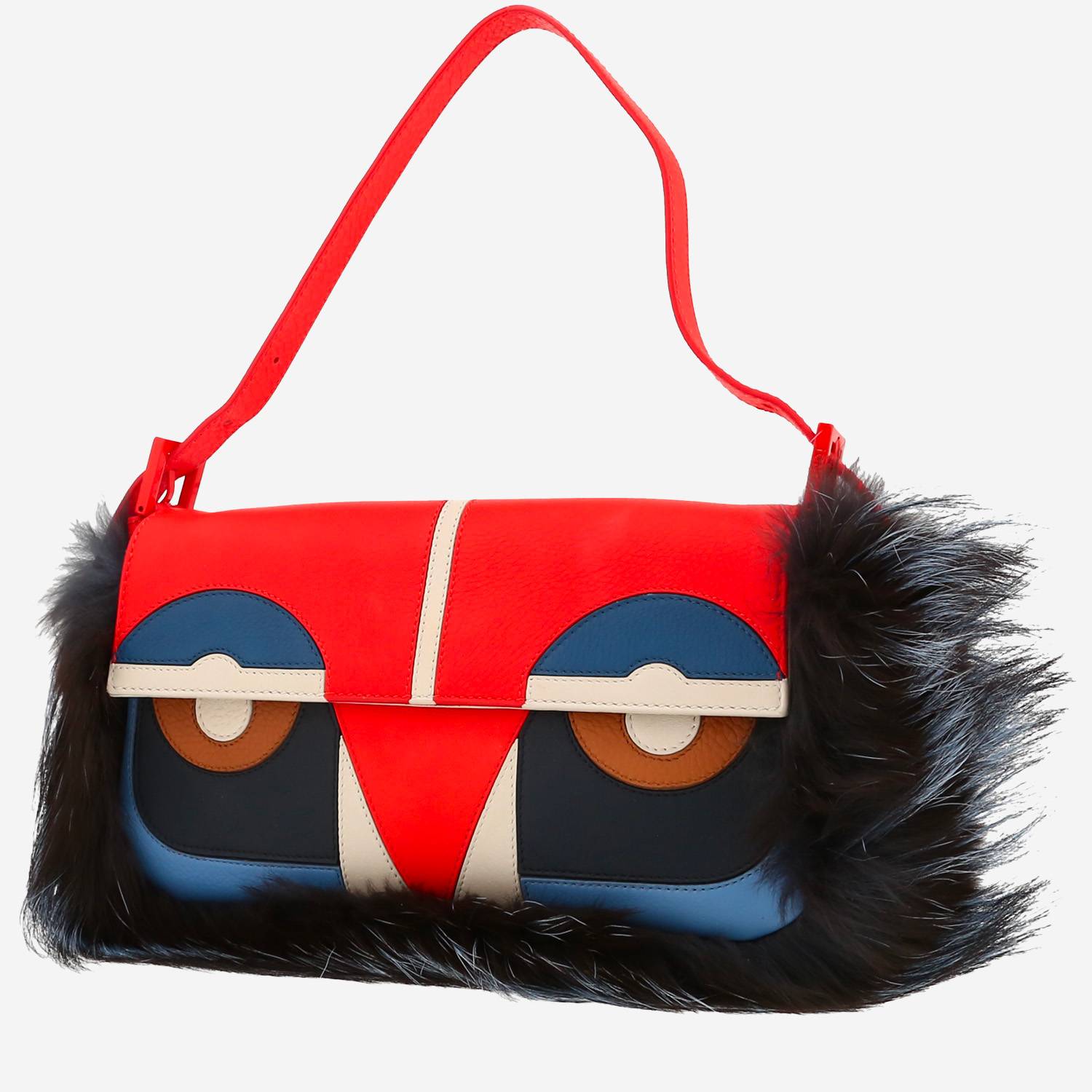 Borsa Fendi  Baguette in pelle rossa, blu bianca e nera e pelliccia nera