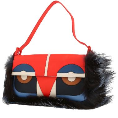 Borsa Fendi  Baguette in pelle rossa, blu bianca e nera e pelliccia nera