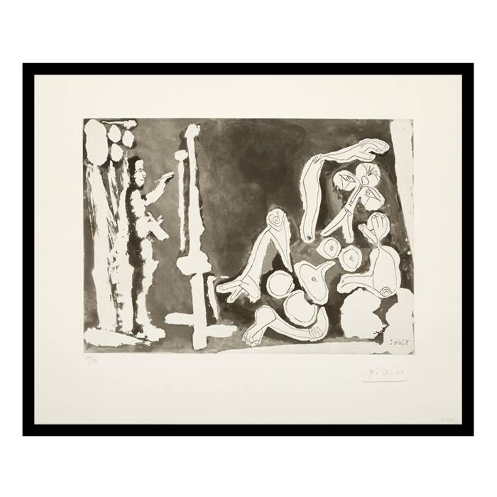 Pablo Picasso, "Peintre et modèle appuyé sur un coussin. 7 février 1964, I", eau-forte et aquatinte sur papier, signée et numérotée, de 1967 - 00pp
