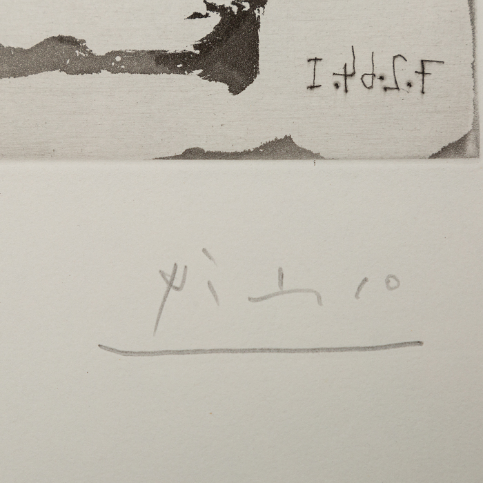 Pablo Picasso, "Peintre et modèle appuyé sur un coussin. 7 février 1964, I", eau-forte et aquatinte sur papier, signée et numérotée, de 1967