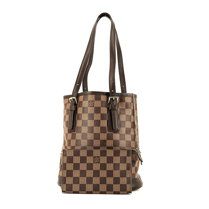 Sac cabas Louis Vuitton  Bucket en toile damier marron et cuir marron - Detail D2