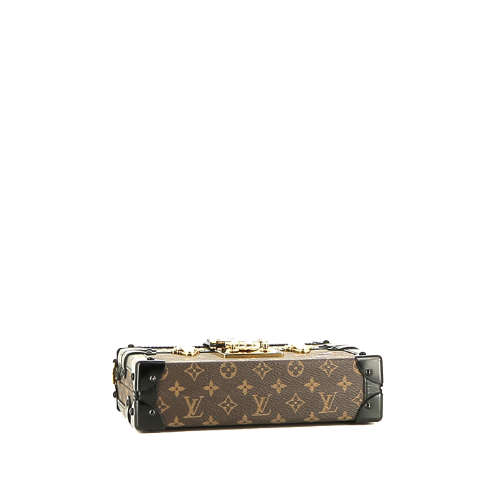 Baul Louis Vuitton  Petite Malle en lona Monogram marrón y cuero negro - Detail D4