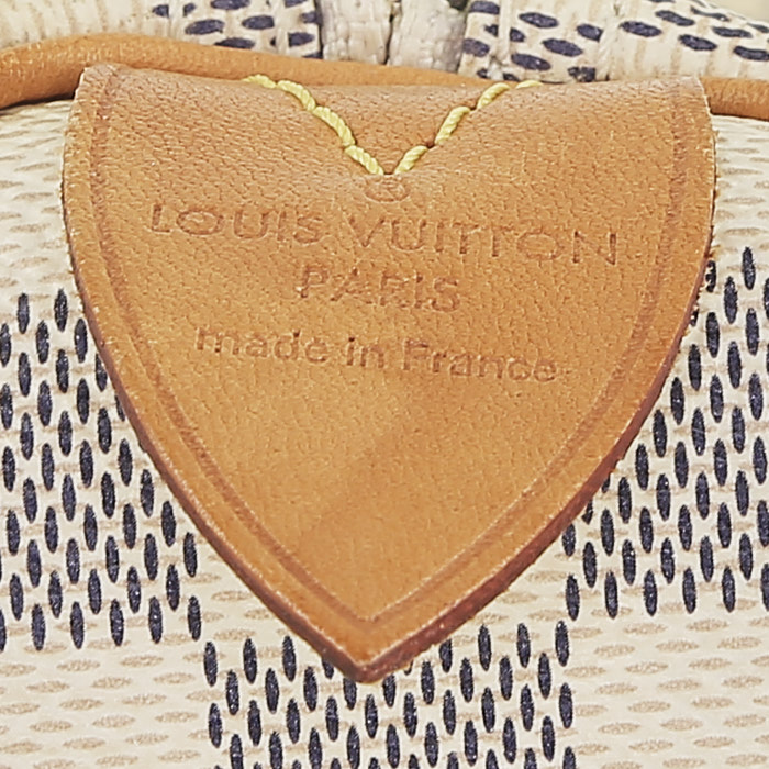 Louis Vuitton  Speedy 35 handbag  in azur damier canvas  and natural leather - Detail D3