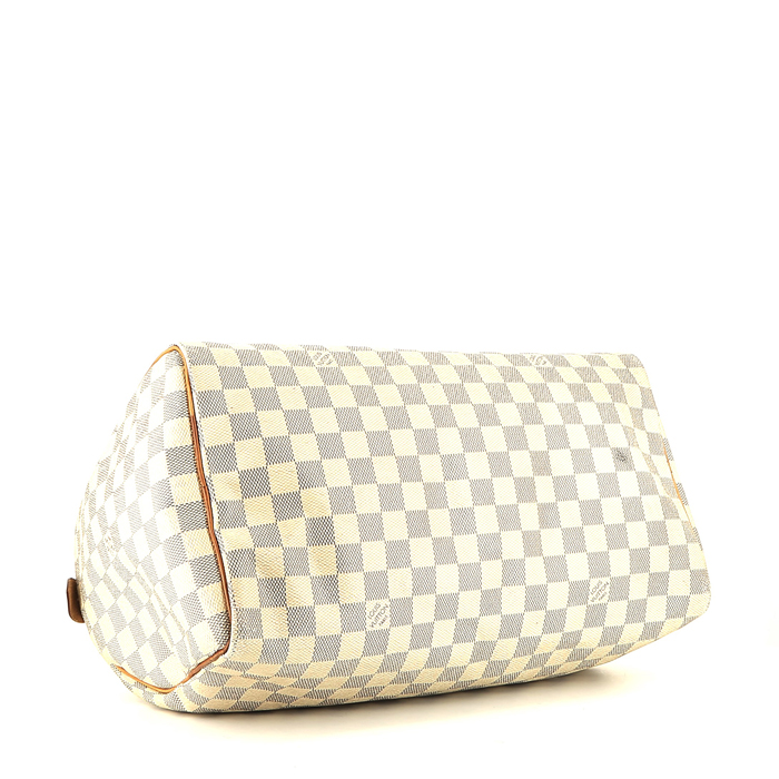 Louis Vuitton  Speedy 35 handbag  in azur damier canvas  and natural leather - Detail D4