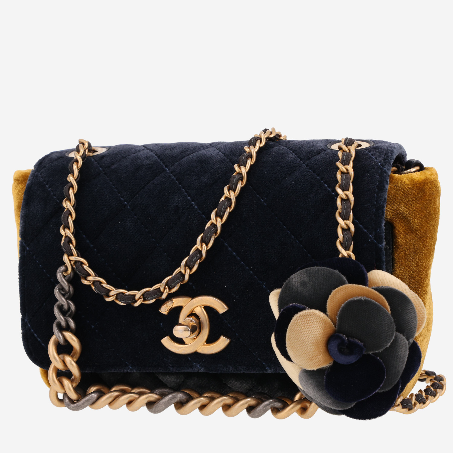 Chanel handbag in navy blue, yellow mustard and grey velvet