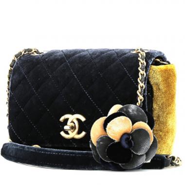 Bolso de mano Chanel   en terciopelo azul marino color mostaza y gris