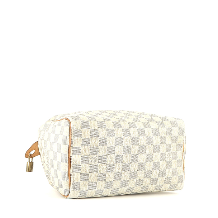 Louis Vuitton  Speedy 25 handbag  in azur damier canvas  and natural leather - Detail D4