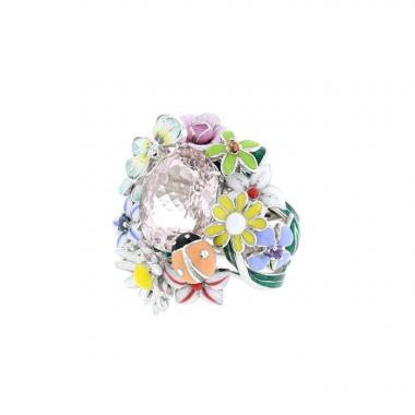 Anello Dior Diorette modello grande in oro bianco, smalto e pietre semi preziose in morganite