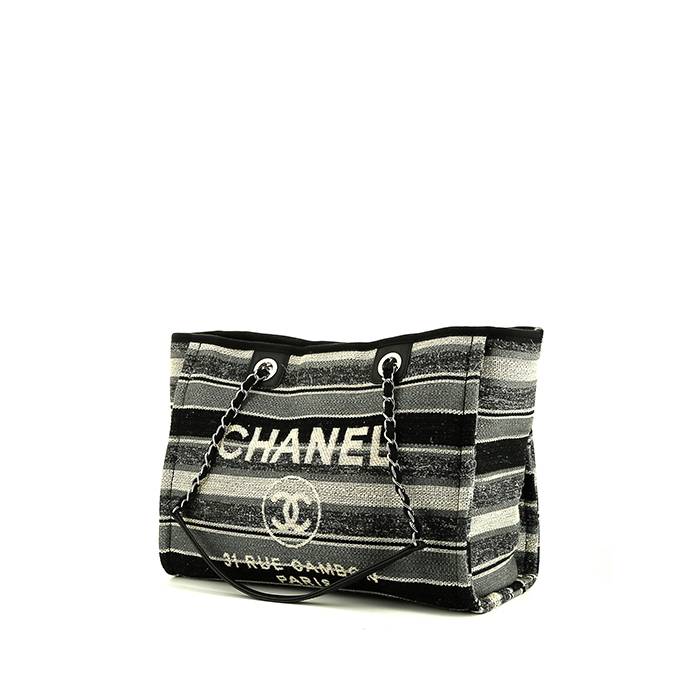 CHANEL Deauville Medium Striped Tweed Canvas Tote Bag Black/Grey