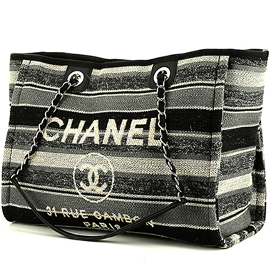 Chanel Canvas Large Deauville Tote Black Grey Stripe 18A⁣ – Coco Approved  Studio